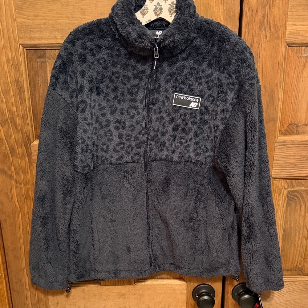 NWT New Balance Faux Fur Zip Up/ Black Leopard Print Combo